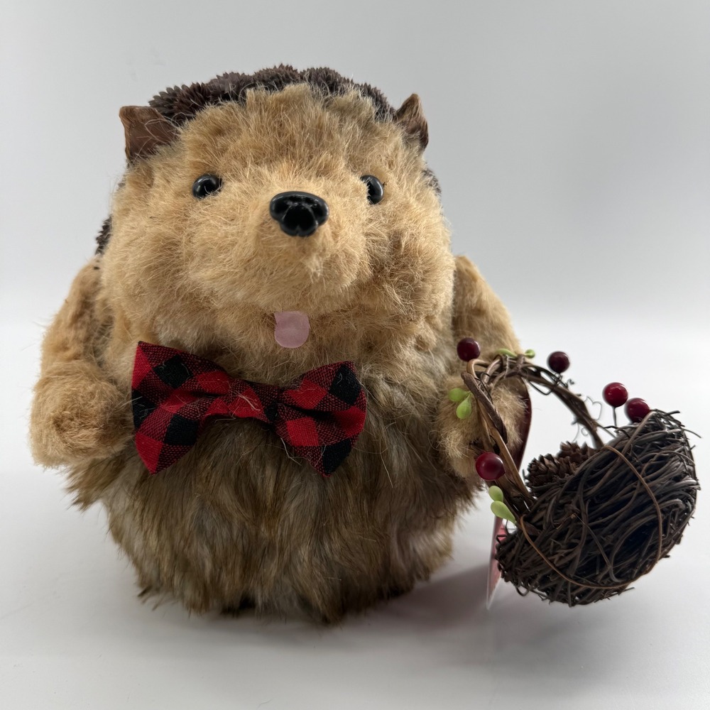 Pier 1 Imports Harold Hedgehog Brown Plaid Bow Tie Woodland Rustic Decor Fall